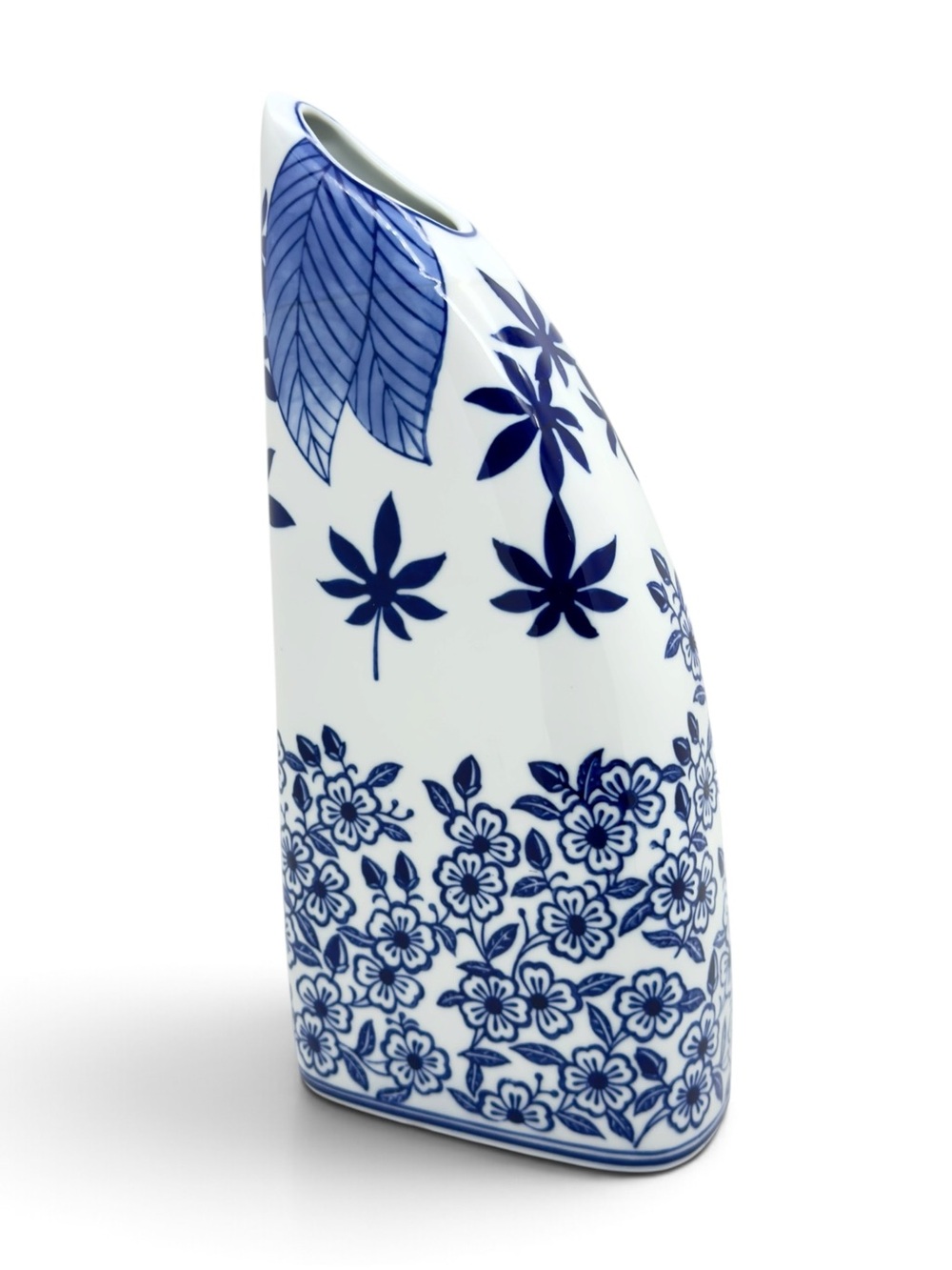 Unique Asymmetrical 14.5" Blue & White Porcelain Horn Vase Chinoiserie Floral
